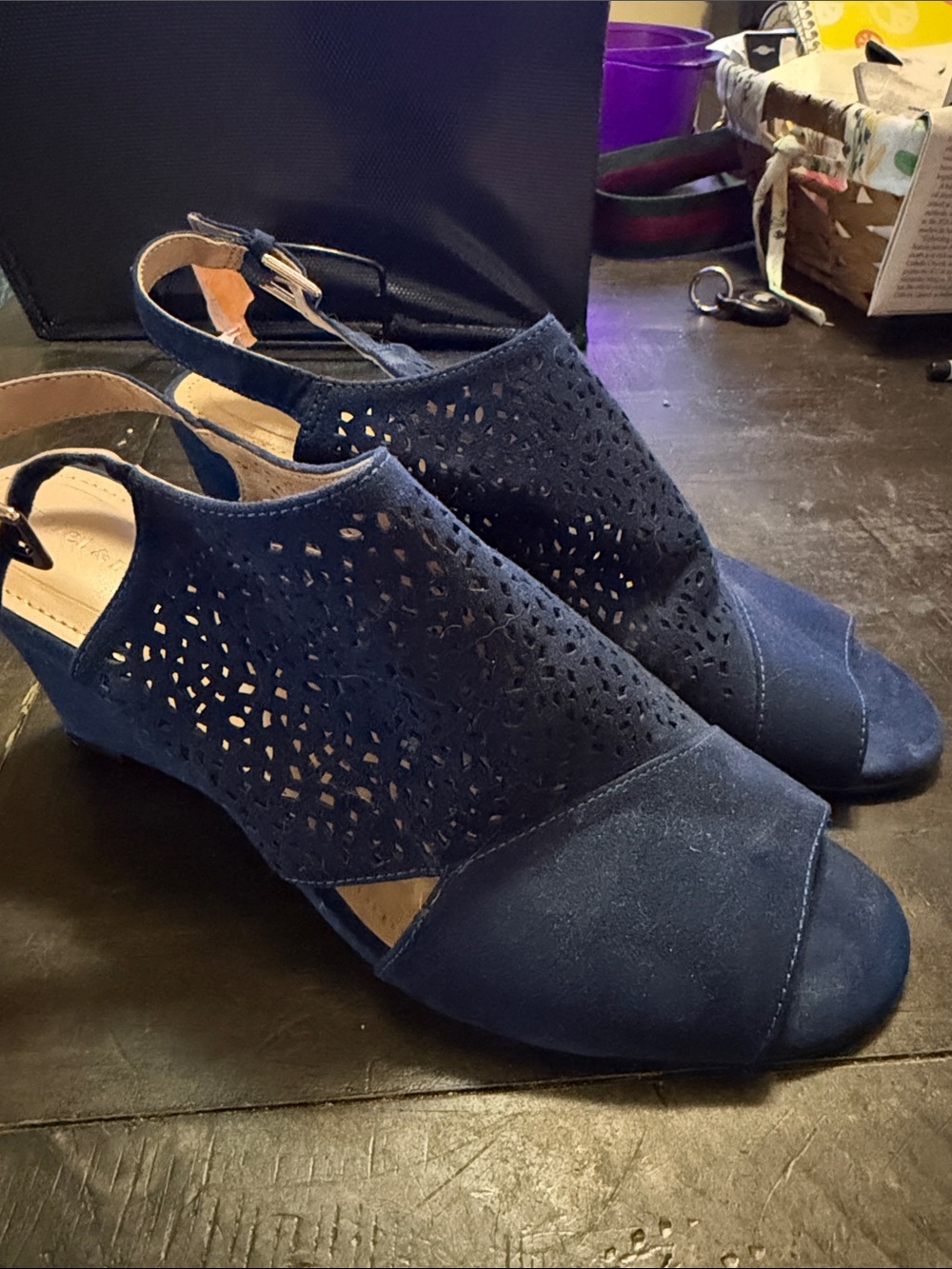 Laser-Cut Navy Slingback Peep-Toe Heels